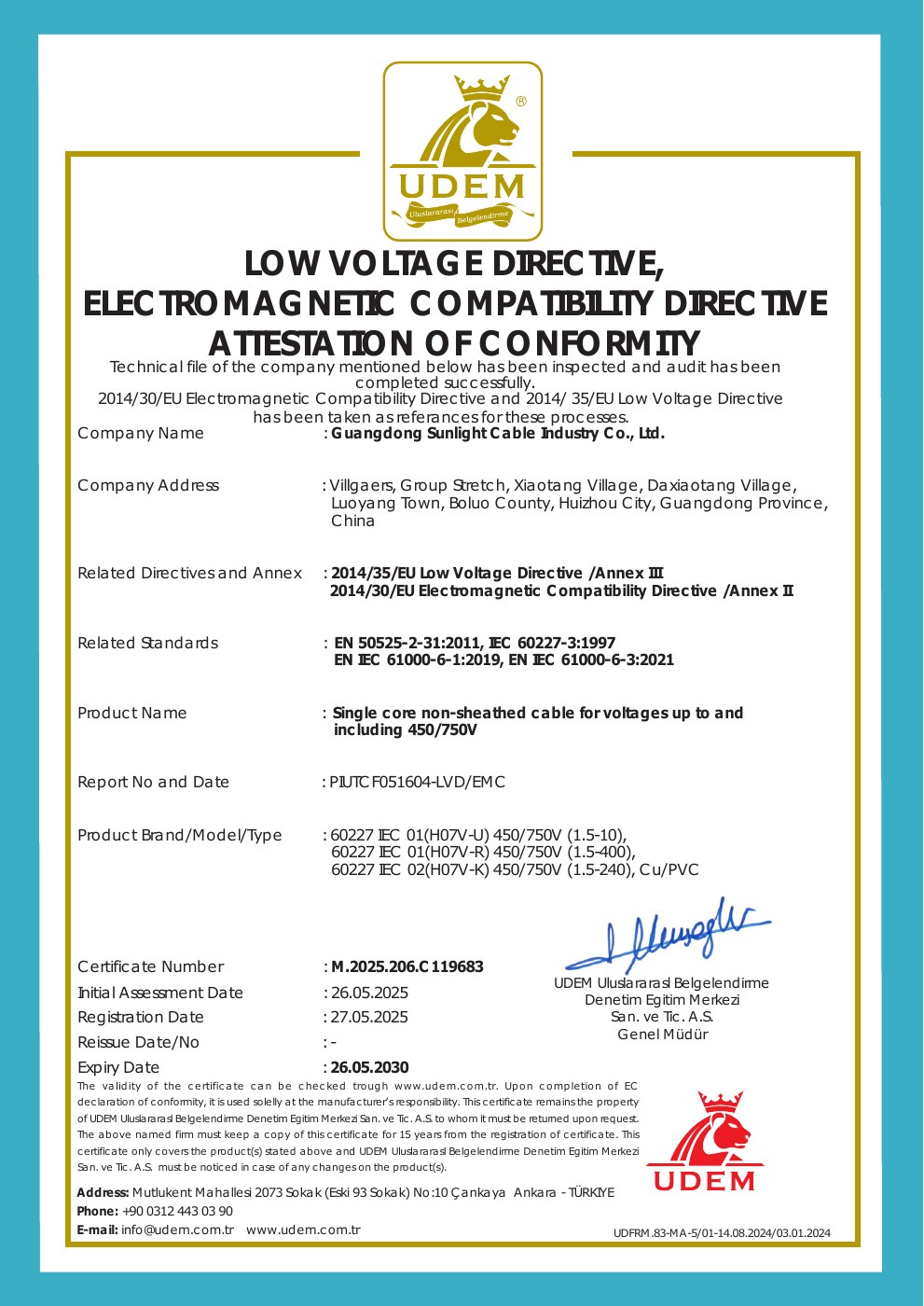 Cable · LVD / EMC — Attestation of conformity