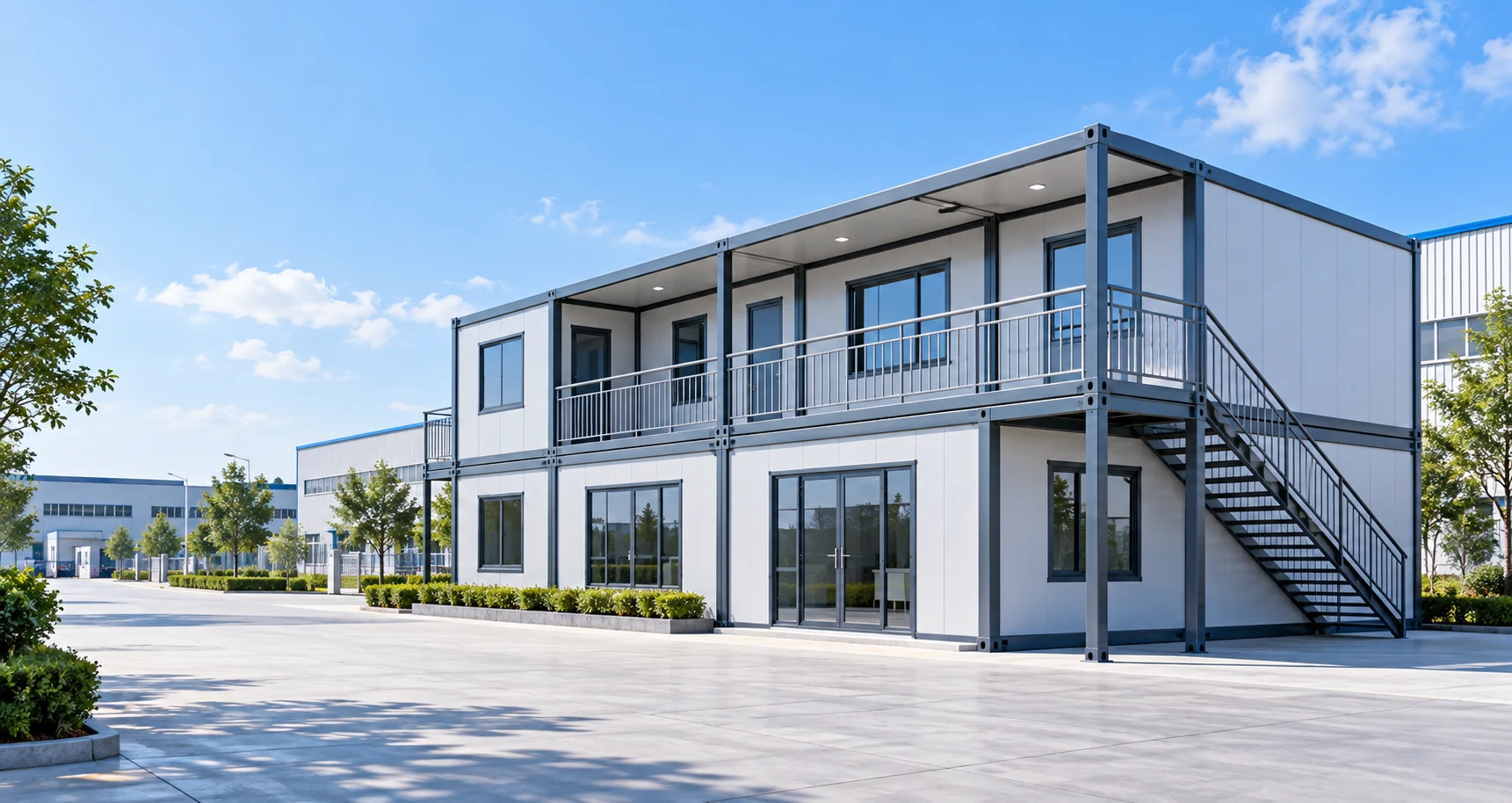 Two-story steel modular building with an external staircase and open walkway