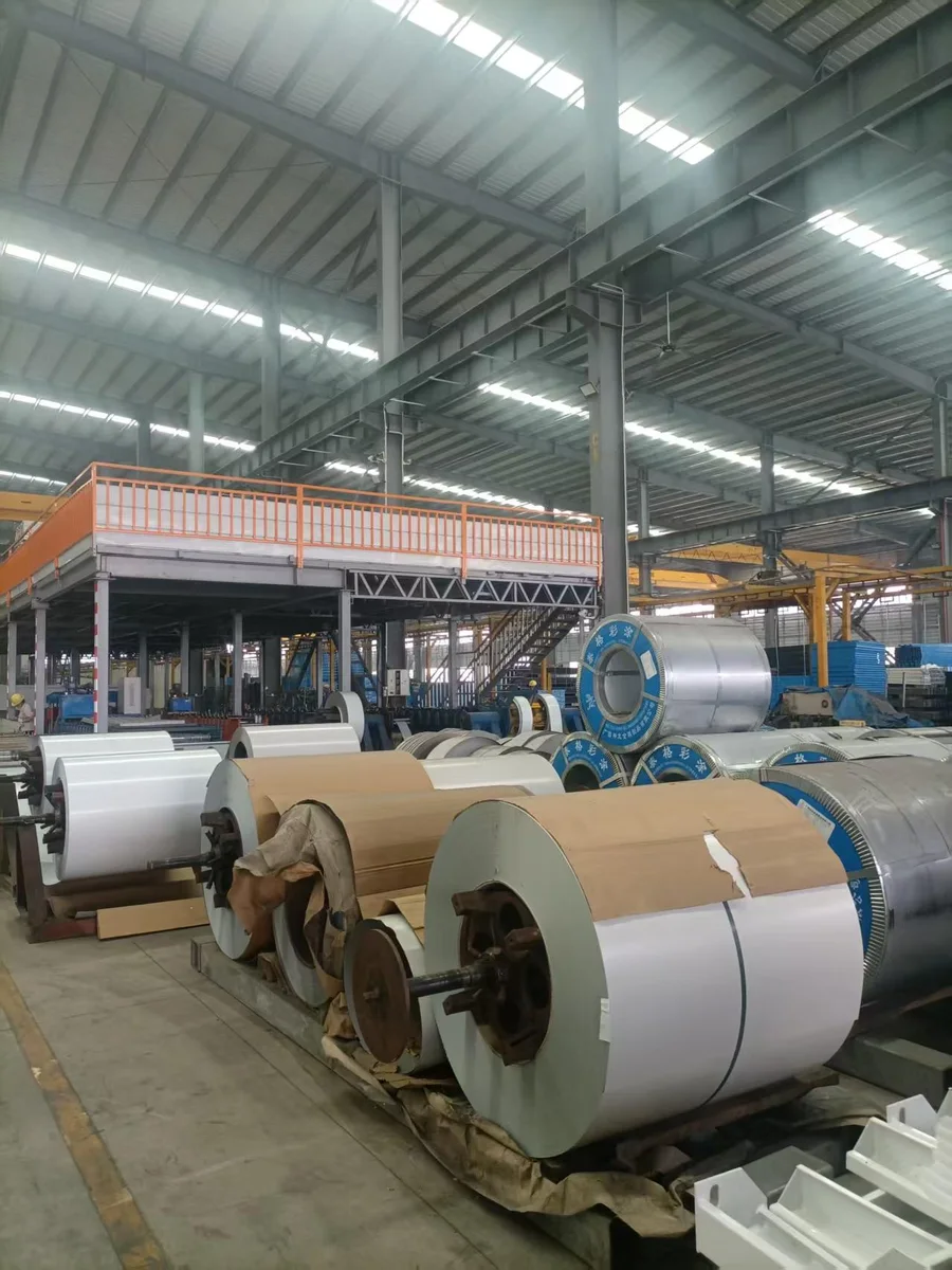 Steel coils stored beside the production lines