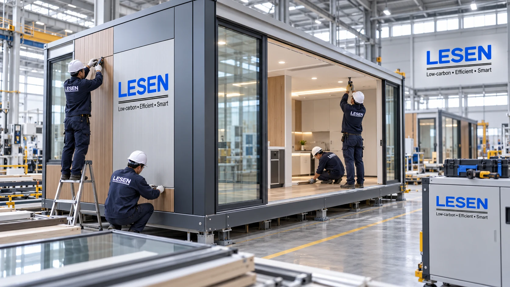 LESEN workers fitting exterior cladding and finishing the interior of a modular building