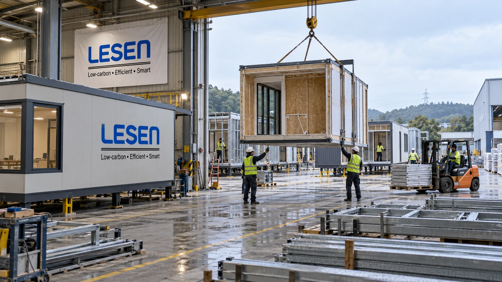 An overhead crane lifting a modular building unit at the LESEN workshop